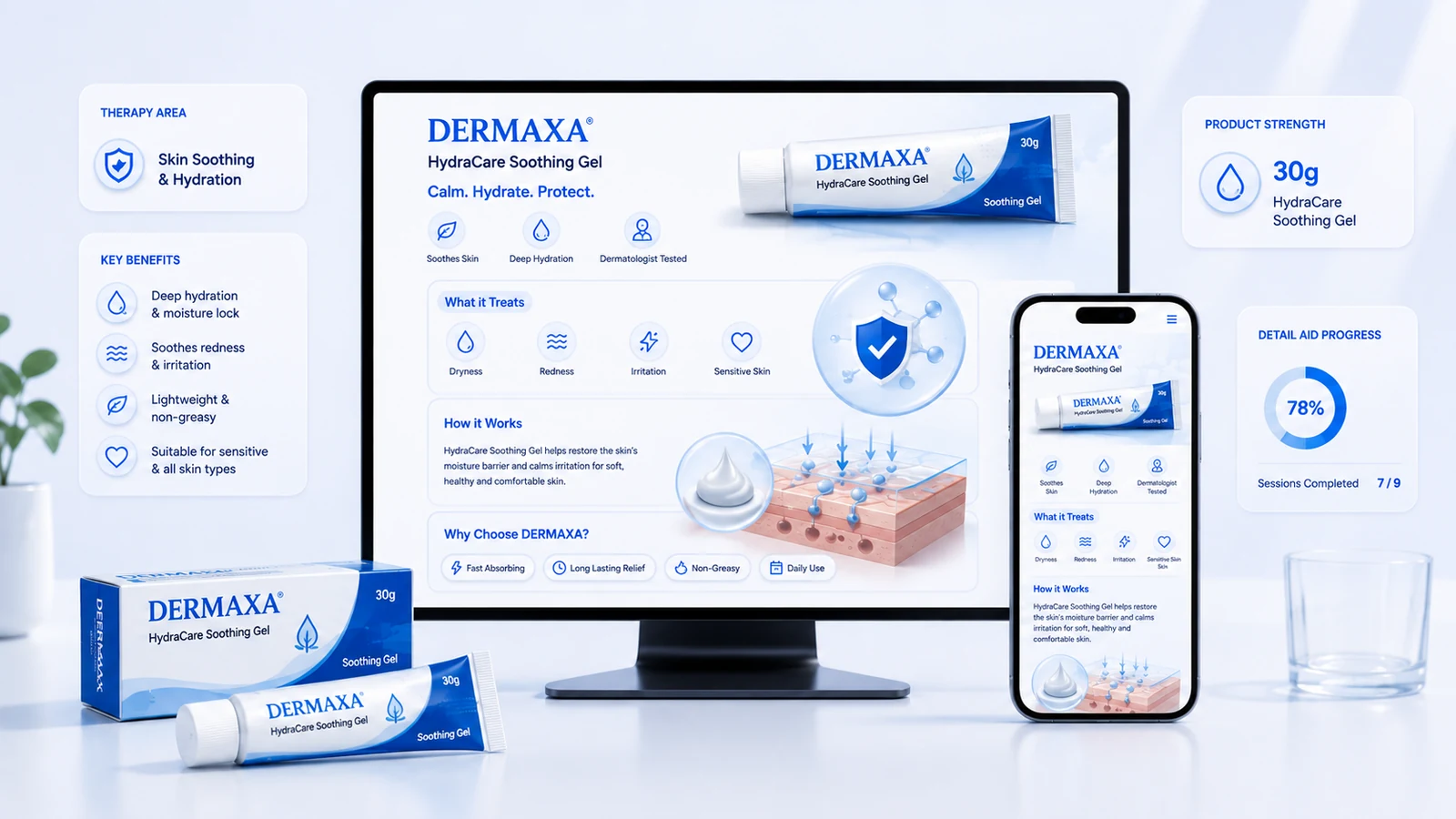 A product page on desktop and phone: therapy area, key benefits, what the product treats, how it works, and how far through the detail aid the visitor has read