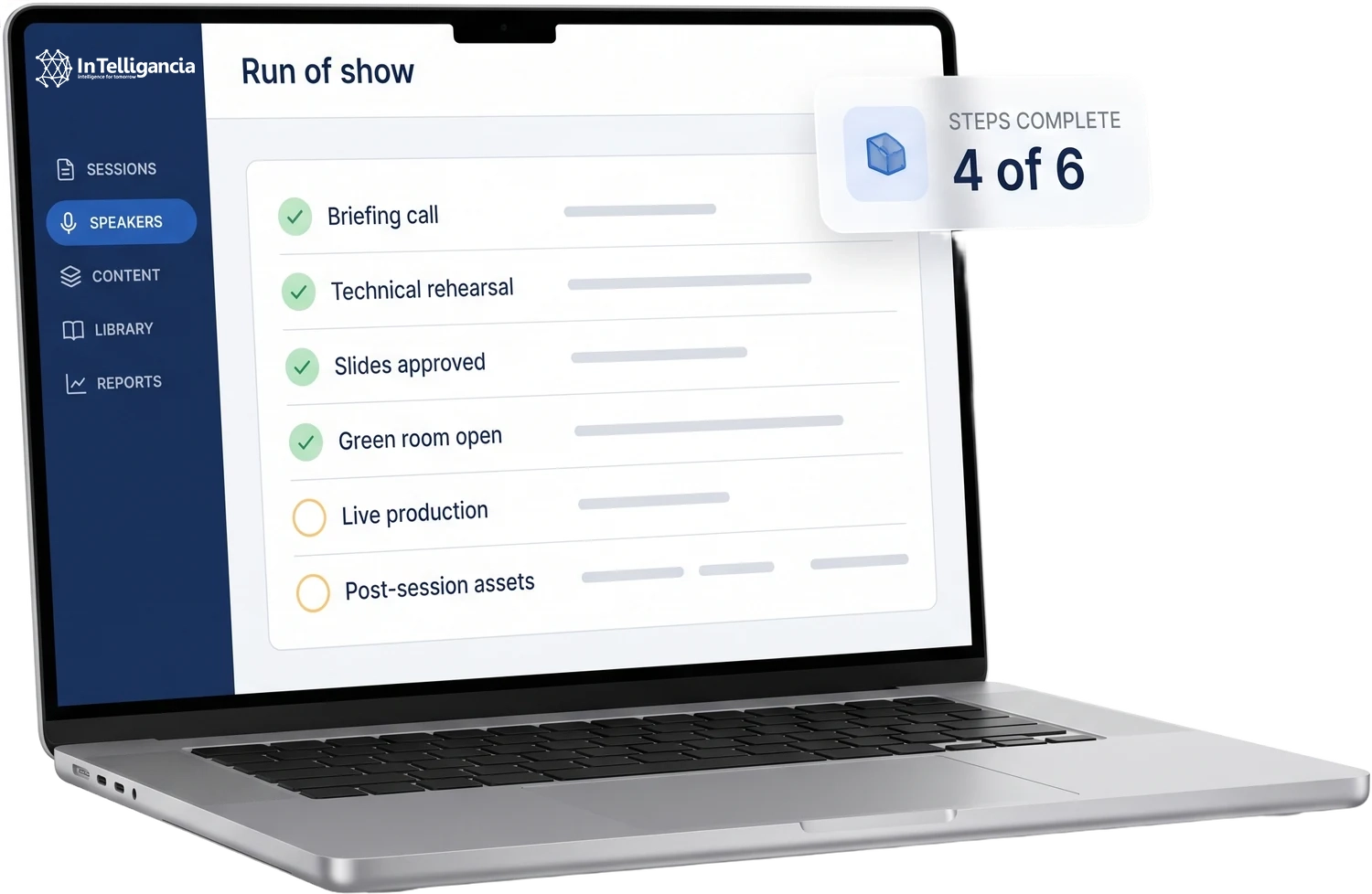 A laptop showing the speaker run of show: briefing, rehearsal, slides and green room ticked, live production and post-session assets still outstanding, beside a card reading four of six steps complete.